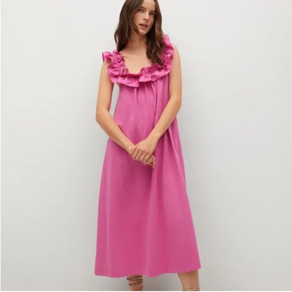 Mango 100% Cotton Ruffle Shoulder Pink Maxi Dress
